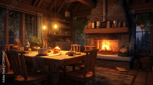 In the heart of Discureption's wilderness, a cozy cabin interior welcomes with its rustic charm and crackling fireplace, offering a refuge where warmth and comfort embrace the serenity of nature.