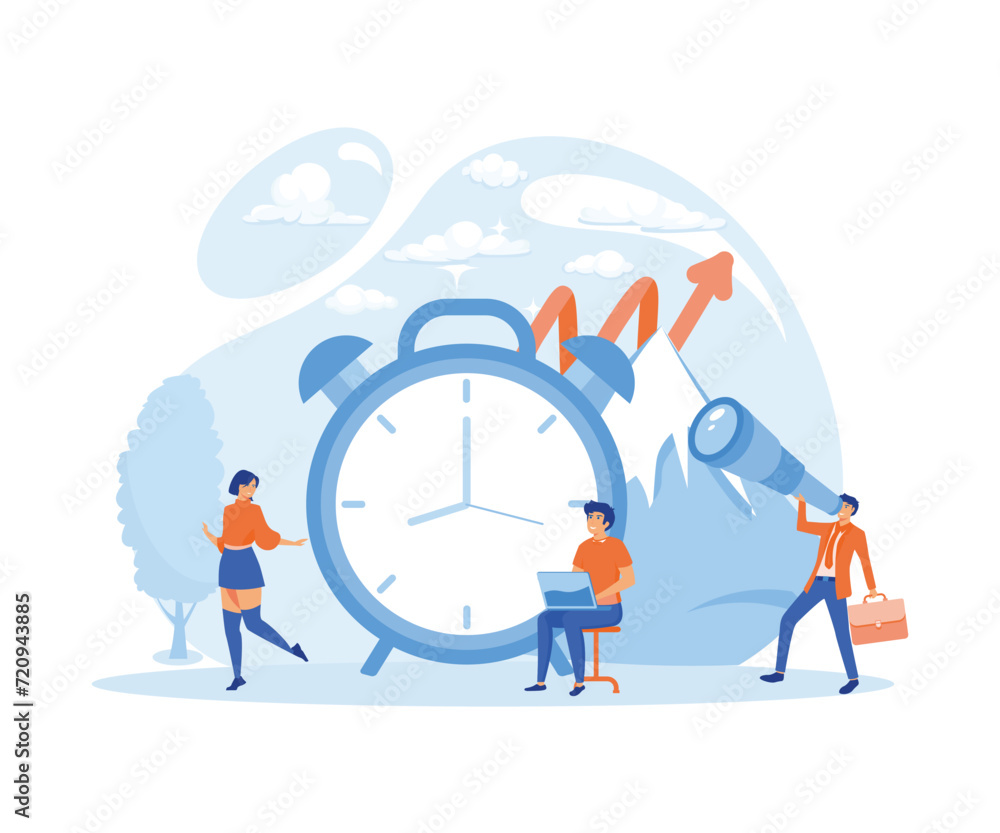  Time Management Discipline Concept. Showing active group of people doing their daily routine productively to reach goal. flat vector modern illustration 