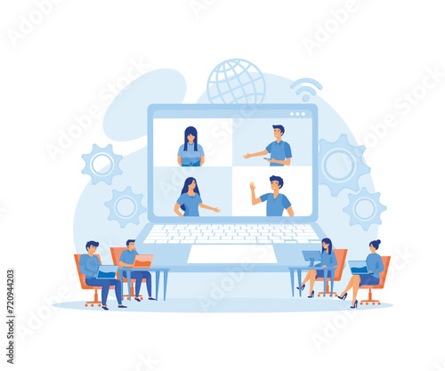 Online business conferences, creatives, entrepreneurs, online gatherings, team thinking and brainstorming. flat vector modern illustration