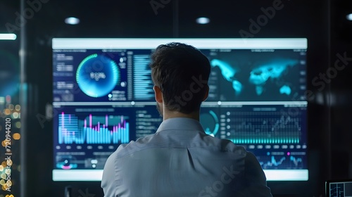 male office worker in front of a large LED computer screen displaying company data analysis