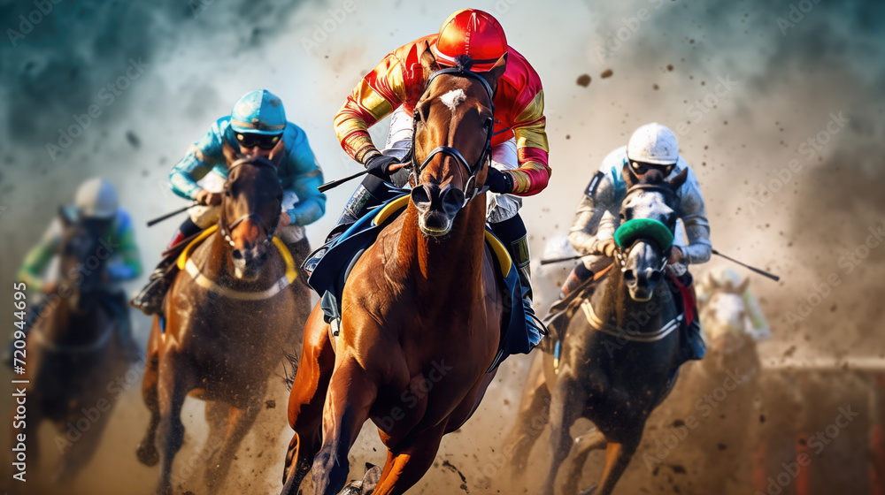 Horse racing front view, Jockeys and horses fight to take the lead in the last curve, horse racing poster, gambling, betting concept - obrazy, fototapety, plakaty 