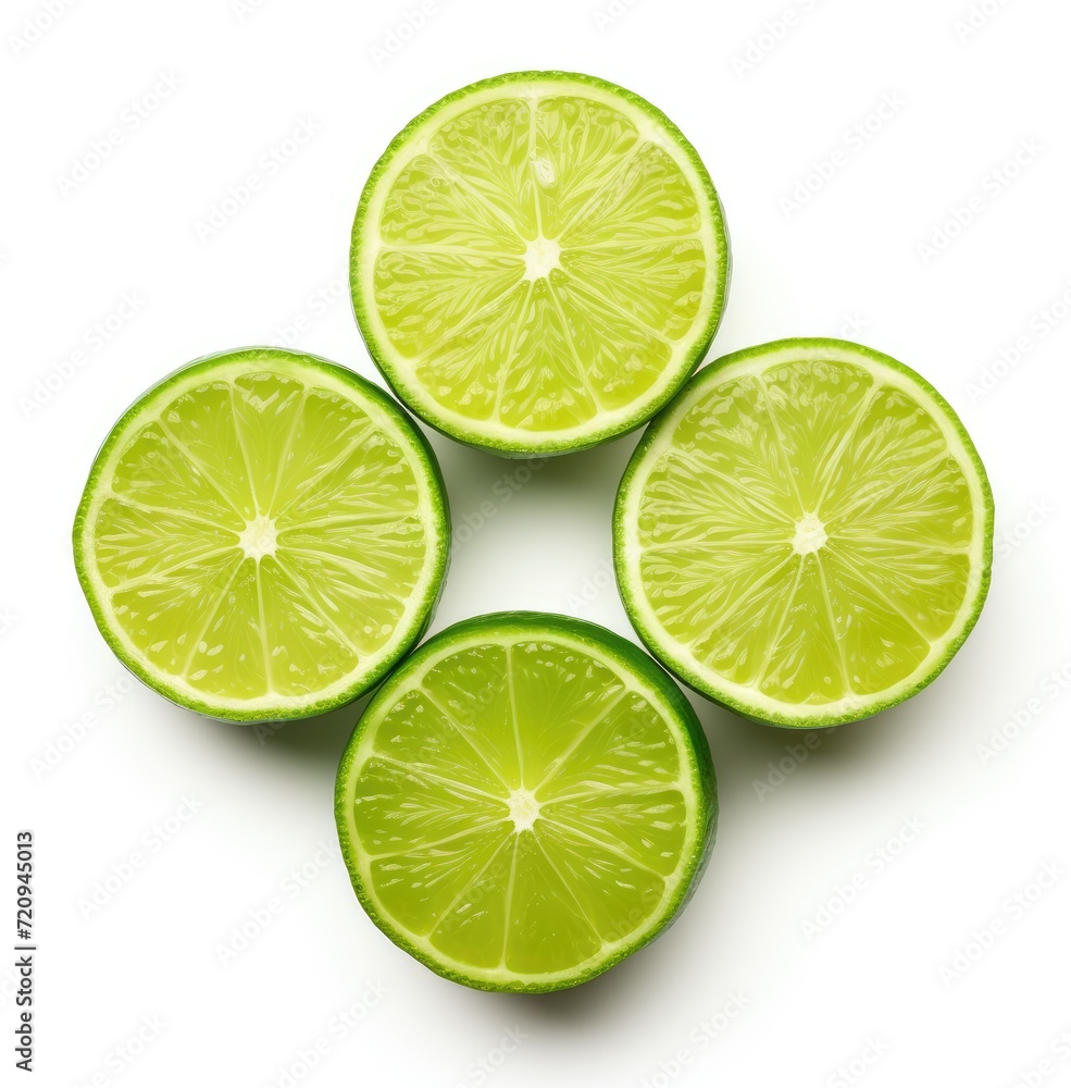 Four limes, cut in half, neatly arranged on a plain white surface.
