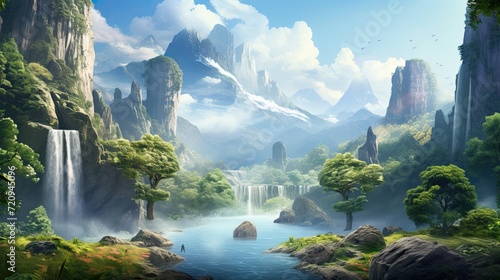 Beautiful natural landscape illustration  with lush vegetation and elegant waterfalls.