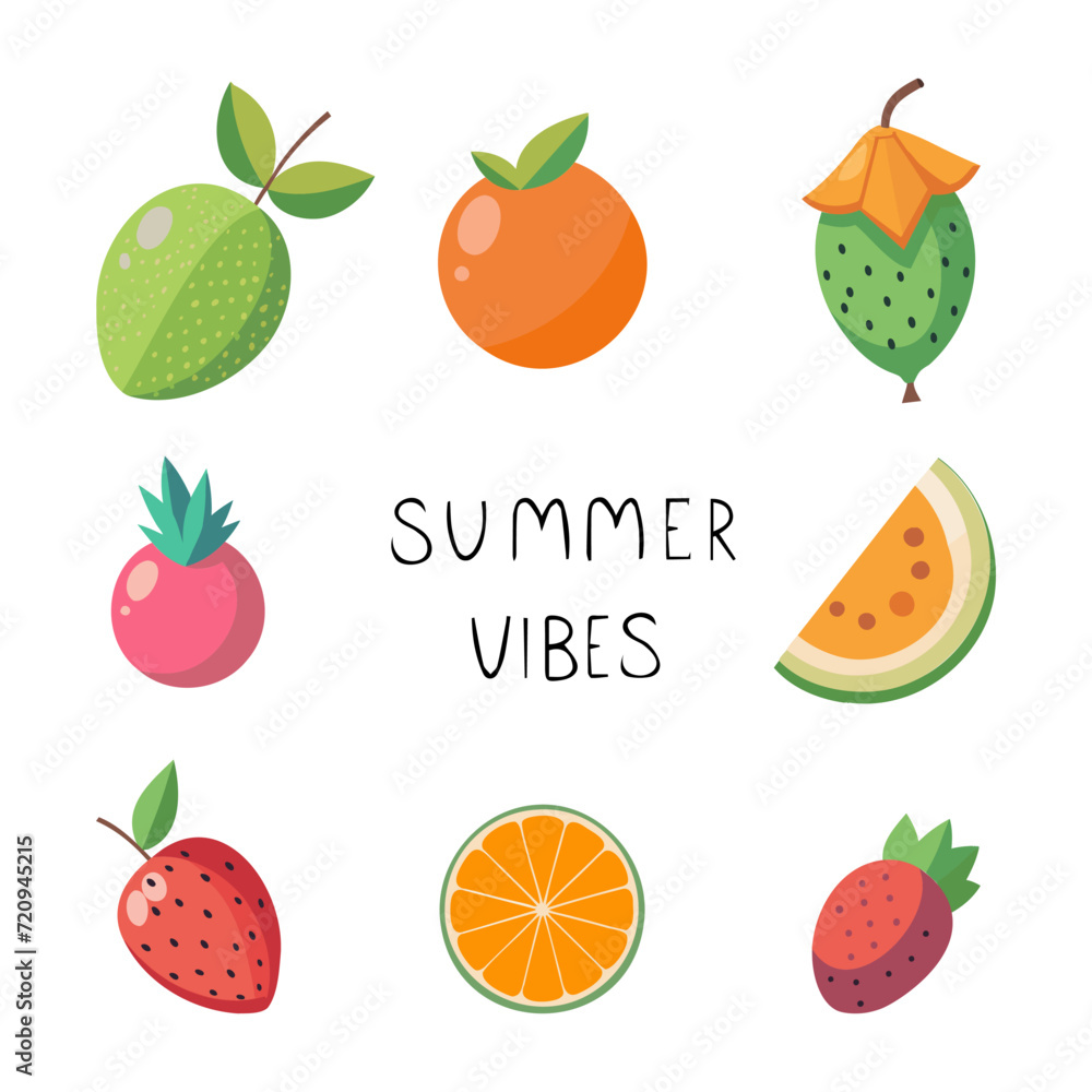 Set of summer fruits and berries. Summer vibes. Vector illustration in flat style. Set of summer fruits and berries. Summer vibes. Vector illustration in flat style.