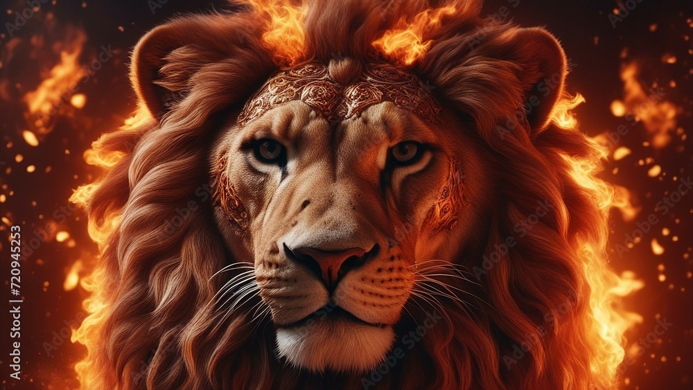 Fototapeta premium lion in the night A fiery lion head with intricate patterns and symbols on its fur 