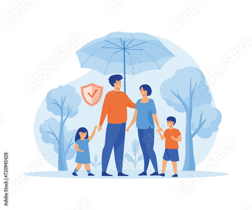  Family standing under insurance umbrella together. Shield protection for parents and children. flat vector modern illustration 