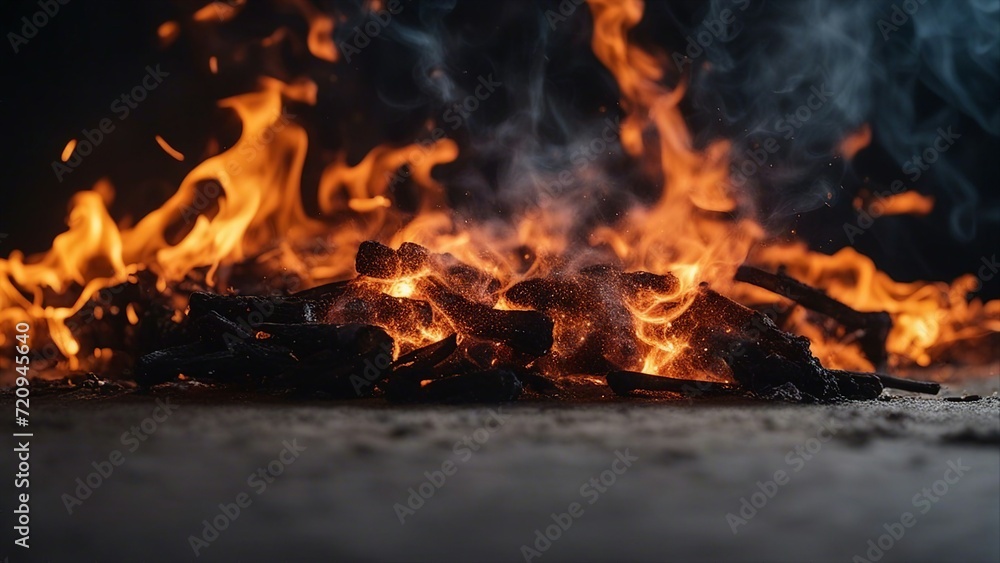 fire in the fireplace A fiery background with black smoke and sparks fire in the fireplace A fiery background with black smoke and sparks