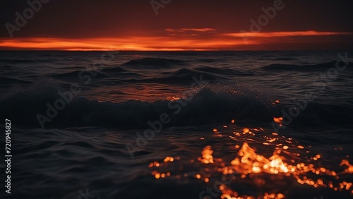 sunset over the sea A night view of a sea on fire, with waves of flames and a mirror effect in the dark water 