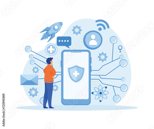 Electronic healthcare concept, with hand holding modern bezel free smart phone. flat vector modern illustration 