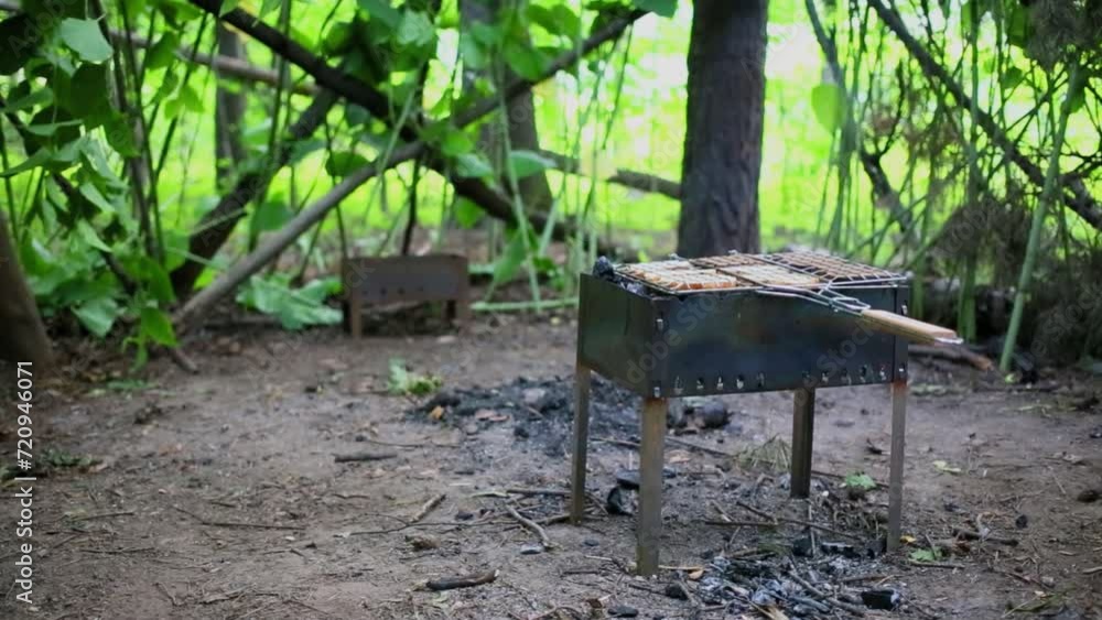 Grill with food lay on metal brazier among plants at summer day Grill with food lay on metal brazier among plants at summer day