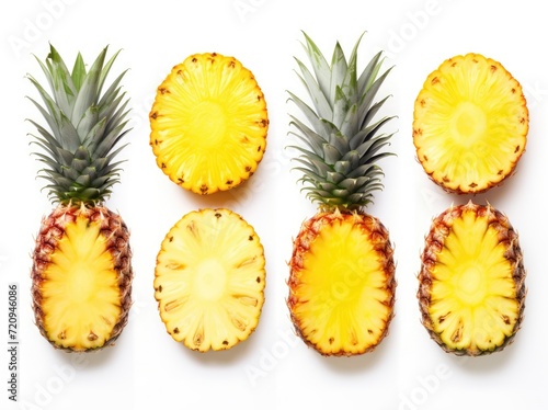 Multiple pineapples cut in half, revealing the inner texture and vibrant color of the fruit.