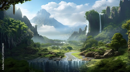 Beautiful natural landscape illustration, with lush vegetation and elegant waterfalls.