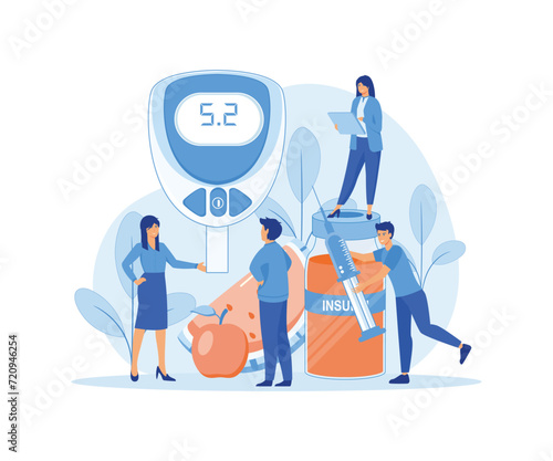 Insulin Depletion for Health Care. Doctor Measuring Sugar with Blue Strip Meter Monitoring Equipment. flat vector modern illustration 