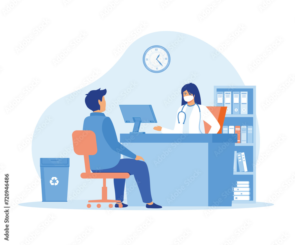 Doctor sitting at table with monitor. Family therapist, healthcare, clinic workspace concept. flat vector modern illustration Doctor sitting at table with monitor. Family therapist, healthcare, clinic workspace concept. flat vector modern illustration