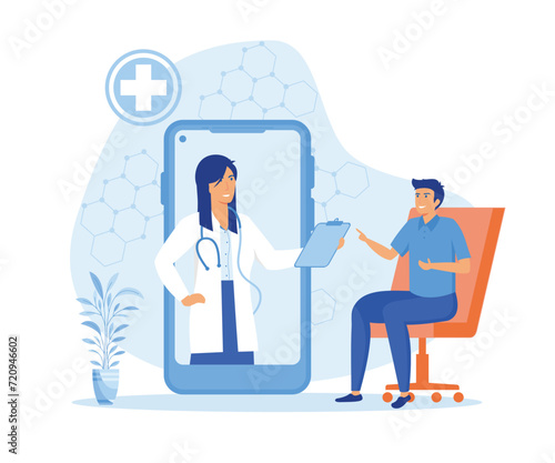 Man Using Mobile Application, Control Health Indicators, Consult Online Doctor, Sign up Appointment Therapist.  flat vector modern illustration 