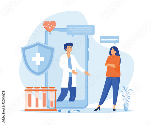  Online medical consultation and support services concept. Doctor video calling on smart phone screen. flat vector modern illustration 