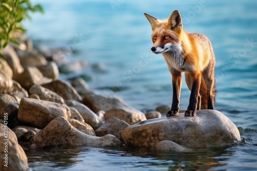 A fox standing on a rock in the water, observing its surroundings. © pham
