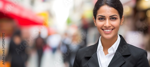 Stylish businesswoman walking in city center with blurred background and copy space