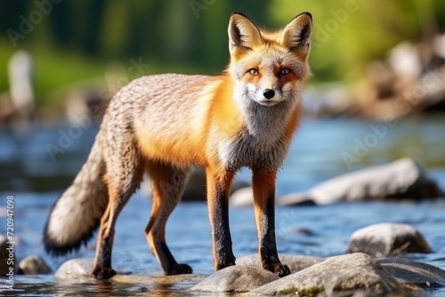 A red fox stands on a rock in the middle of a river. © pham