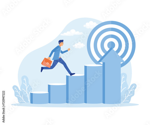 Businessman running up stairs towards target, Challenge, Problem, obstacle, Path to goal. flat vector modern illustration 