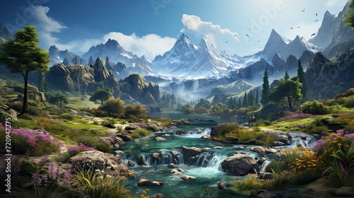 Beautiful natural landscape illustration  with lush vegetation and elegant waterfalls.