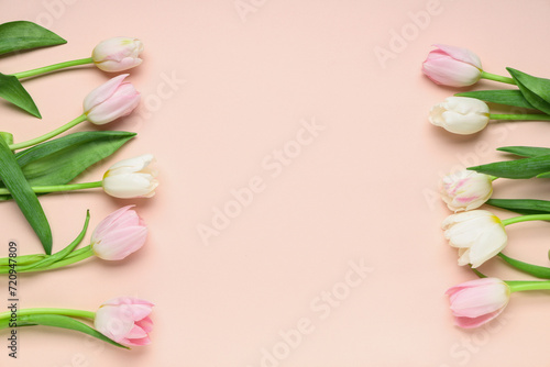 Beautiful tulips on pink background. International Women's Day
