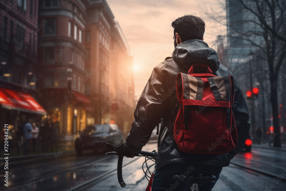 A man wearing a helmet and riding a bicycle down a bustling city street during daytime.