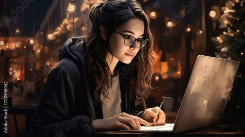 An illustrated student working on a laptop in a cozy night setting.