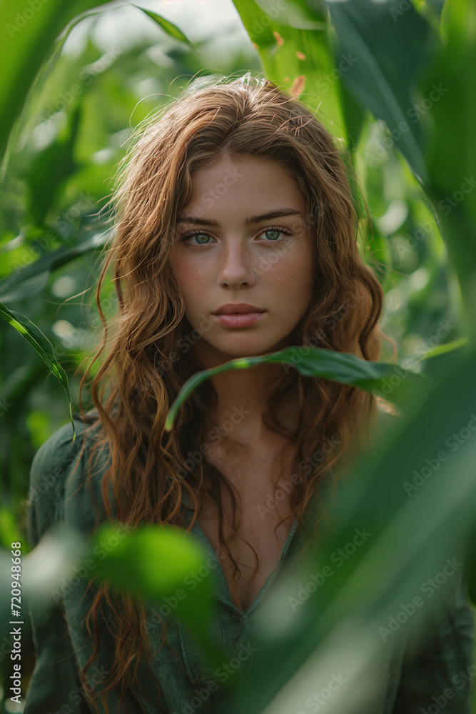 Beautiful woman amidst corn stalks at sunrise, reflecting on sustainable agriculture, healthy lifestyle, with space for text in an advertising setting. Beautiful woman amidst corn stalks at sunrise, reflecting on sustainable agriculture, healthy lifestyle, with space for text in an advertising setting.