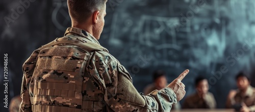 Confident military coach pointing at tactics plan while addressing students.