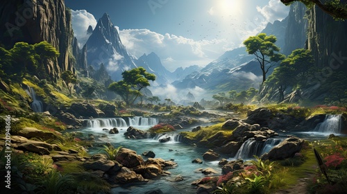 Beautiful natural landscape illustration, with lush vegetation and elegant waterfalls. © Xabrina