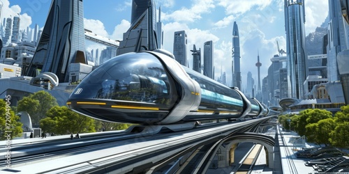 modern high speed train in futuristic modern city.