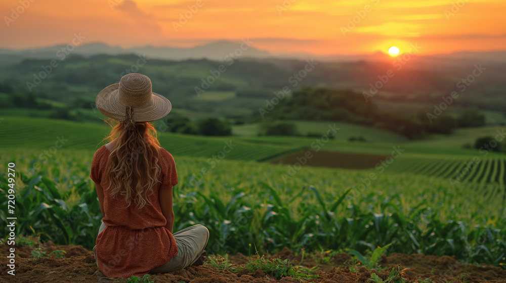 Farmer enjoying the sunset over a cornfield, reflecting on sustainable agriculture and health foods, with ample copy space for advertising.