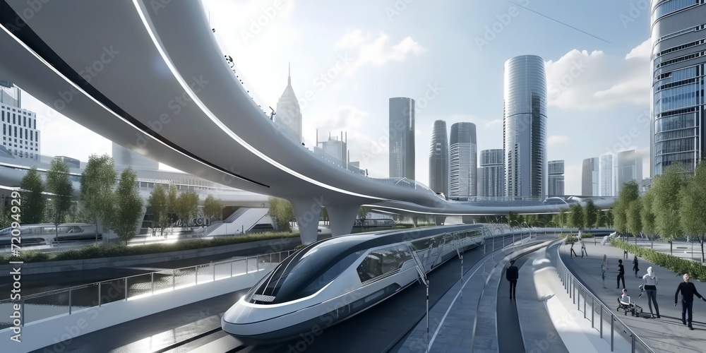 modern high speed train in futuristic modern city. modern high speed train in futuristic modern city.