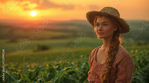 Farmer enjoying the sunset over a cornfield, reflecting on sustainable agriculture and health foods, with ample copy space for advertising. photo