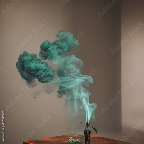 Smoke coming out of a vase on a wooden table