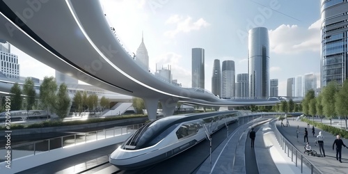 modern high speed train in futuristic modern city.