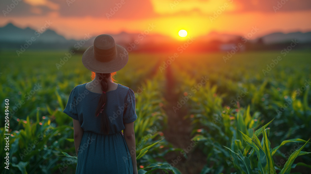 Rural entrepreneur in a cornfield at golden hour, symbolizing organic farming and nutritious food, with a clear sky for advertising copy space.