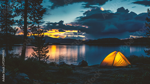 Camping tent on the shore of a lake at sunset. Camping on the shore.