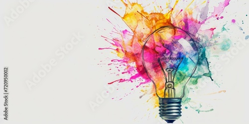 Lightbulb and colorful paint splashes . Creative concept light bulb explodes with colorful water colors
