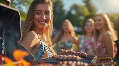 Group of beautiful women having a barbecue in the backyard. Wear colorful and comfortable clothes, daylight, cheerful, happy. photo