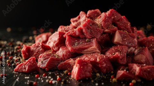 A close-up image showcasing succulent raw beef cubes generously seasoned with coarse salt crystals