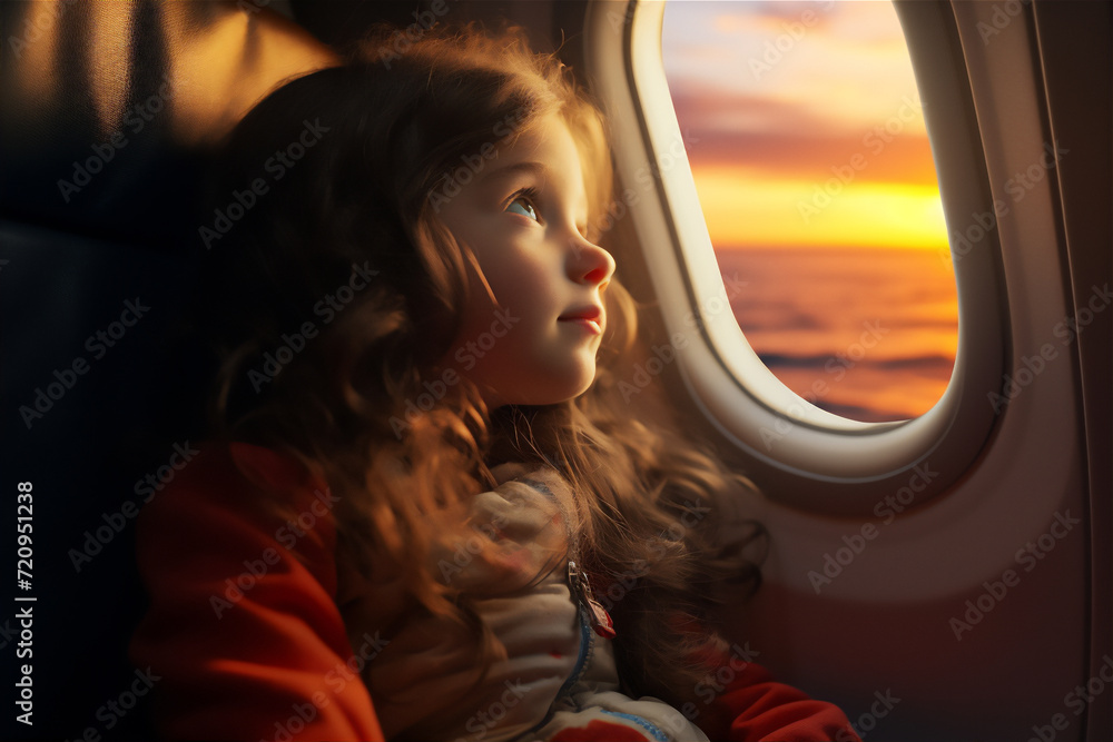 child in the airplane look at sunset through the window