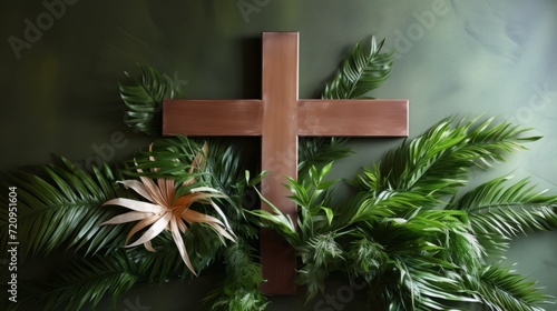 Photo of Rustic Wooden Sacred Cross and Fresh Palm Fronds Decoration Good Friday Palm Sunday Art 