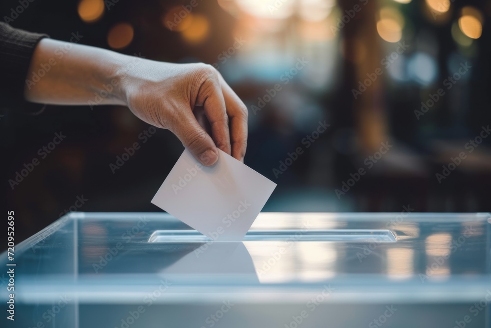 Hand placing ballot in transparent voting box Hand placing ballot in transparent voting box