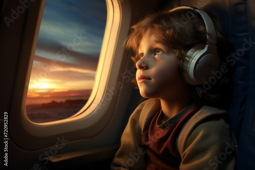 child in the airplane look at sunset through the window © Maizal