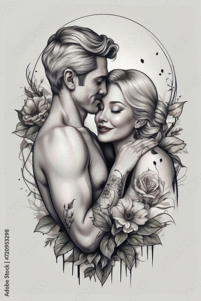 Fototapeta premium Tattoo and tattoo design drawings A simple picture of a rose with a couple, along with an example of the tattoo on the skin, a tattoo memory idea.