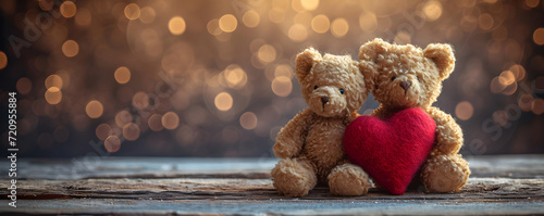 Two teddy bears with a red heart shaped balloon on blurred background with golden lights. Cute bear couple toy hugging and holding heart. Valentine's day. Love and romantic concept photo