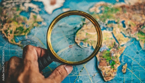 magnifying glass on the map of continent