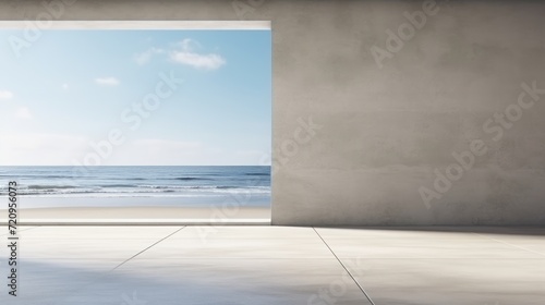 Empty room with sea view and blue sky. 3D Rendering Generative AI